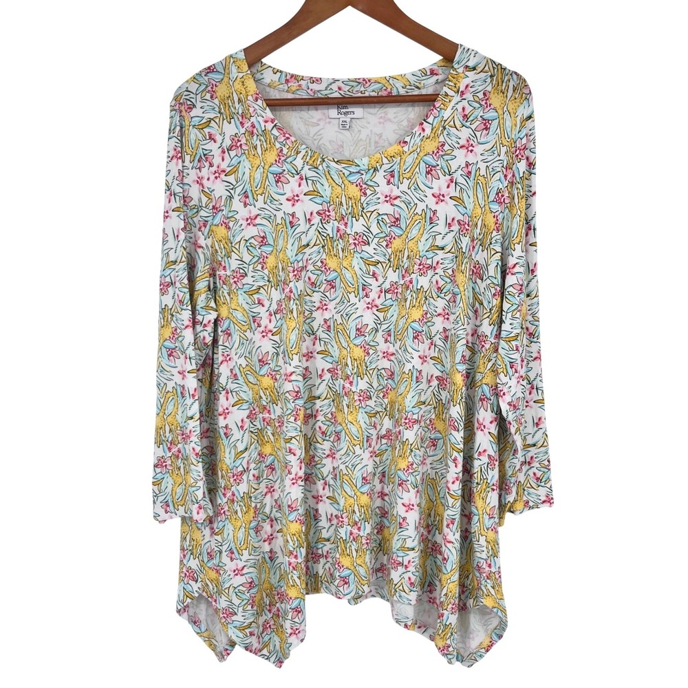 Kim Rogers Tunic Top Women XXL White Giraffe Floral Print Safari Tropical Flowy